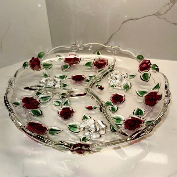 Round Mikasa Rose Garden Crystal 3-Part Divided Relish Dish 13.25” Discontinued - Picture 1 of 7
